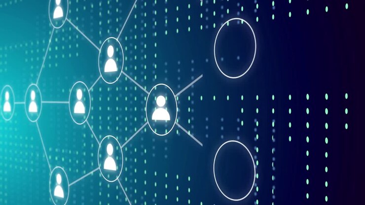 Animation of network of connections with media icons over spots on blue background