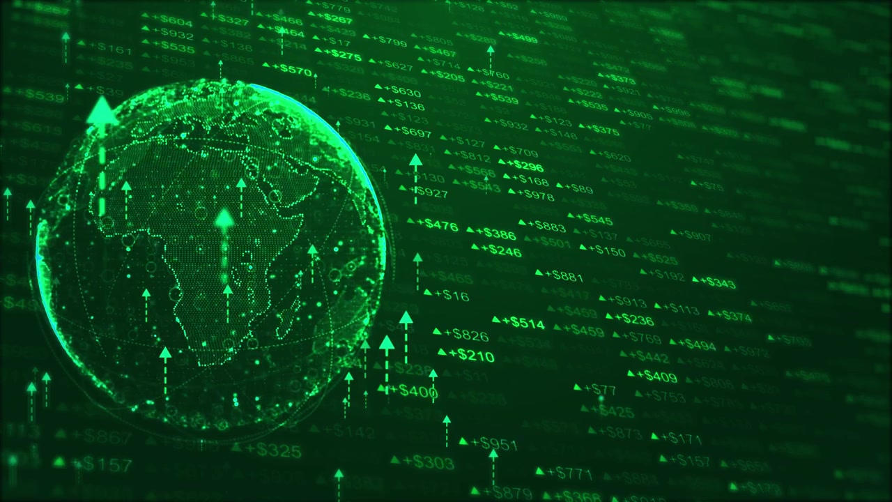 Digital economy rising market visual with green globe upward arrows glowing finance figures and data