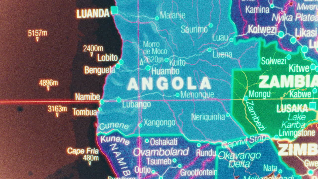 A detailed political map showing Angola, Namibia, and Zambia