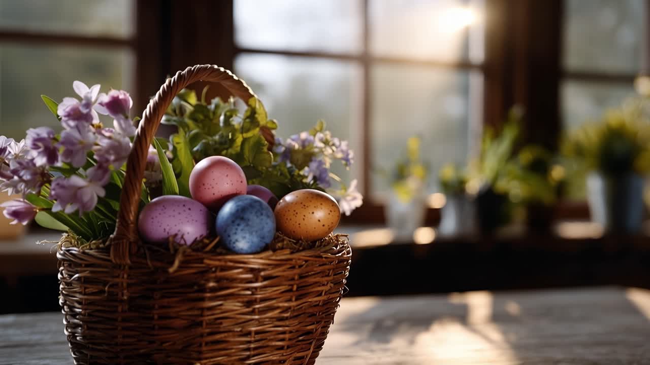 Woven basket holds colorful eggs and purple flowers. Sunlight warms wooden table near window. Background plants softly blurred. Cozy, festive atmosphere for Easter or spring themes
