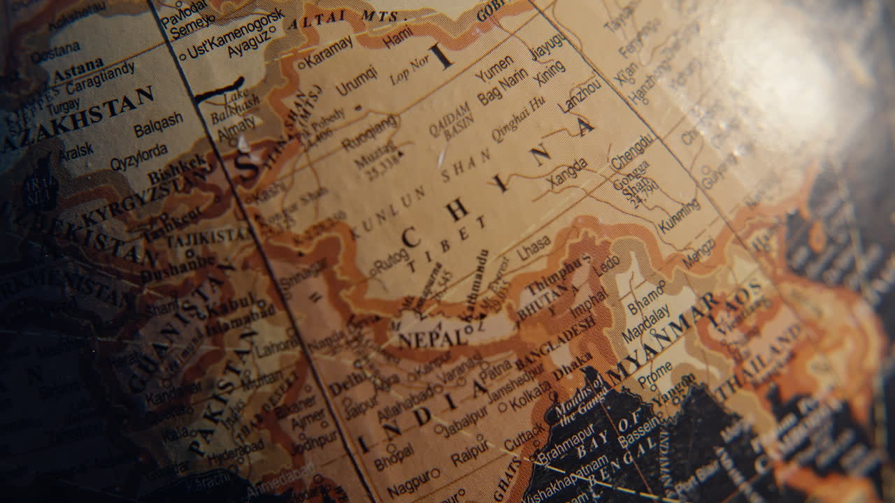 Detailed geographical elements globe closeup. Macro view countries names marked