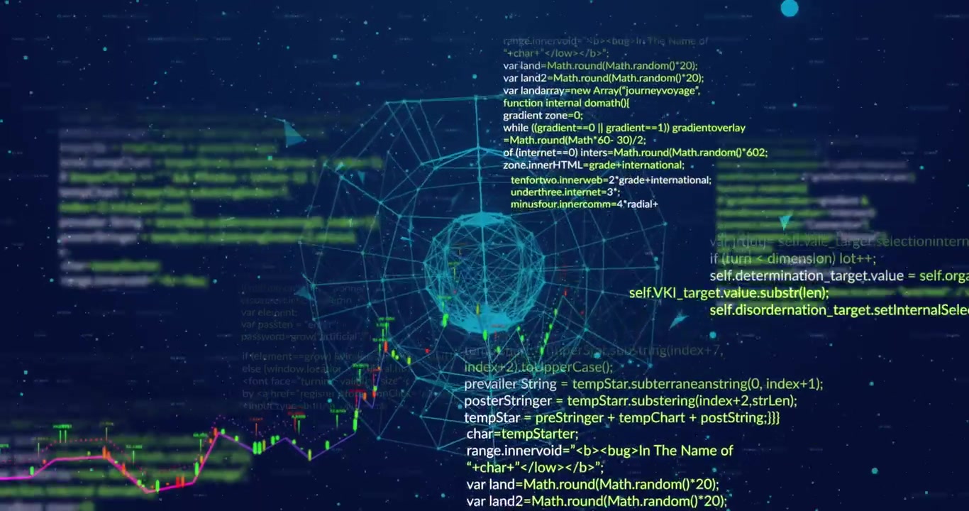 Animation of digital dots interconnecting with lines forming globe against programming language