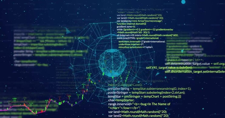 Animation of digital dots interconnecting with lines forming globe against programming language