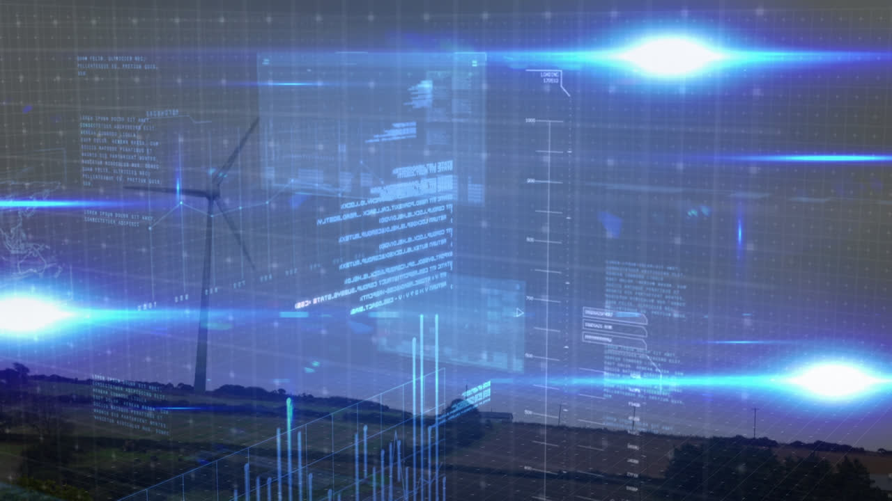 데이터 처리 및 풍력 터빈과 하늘 위의 빛 트레일의 애니메이션