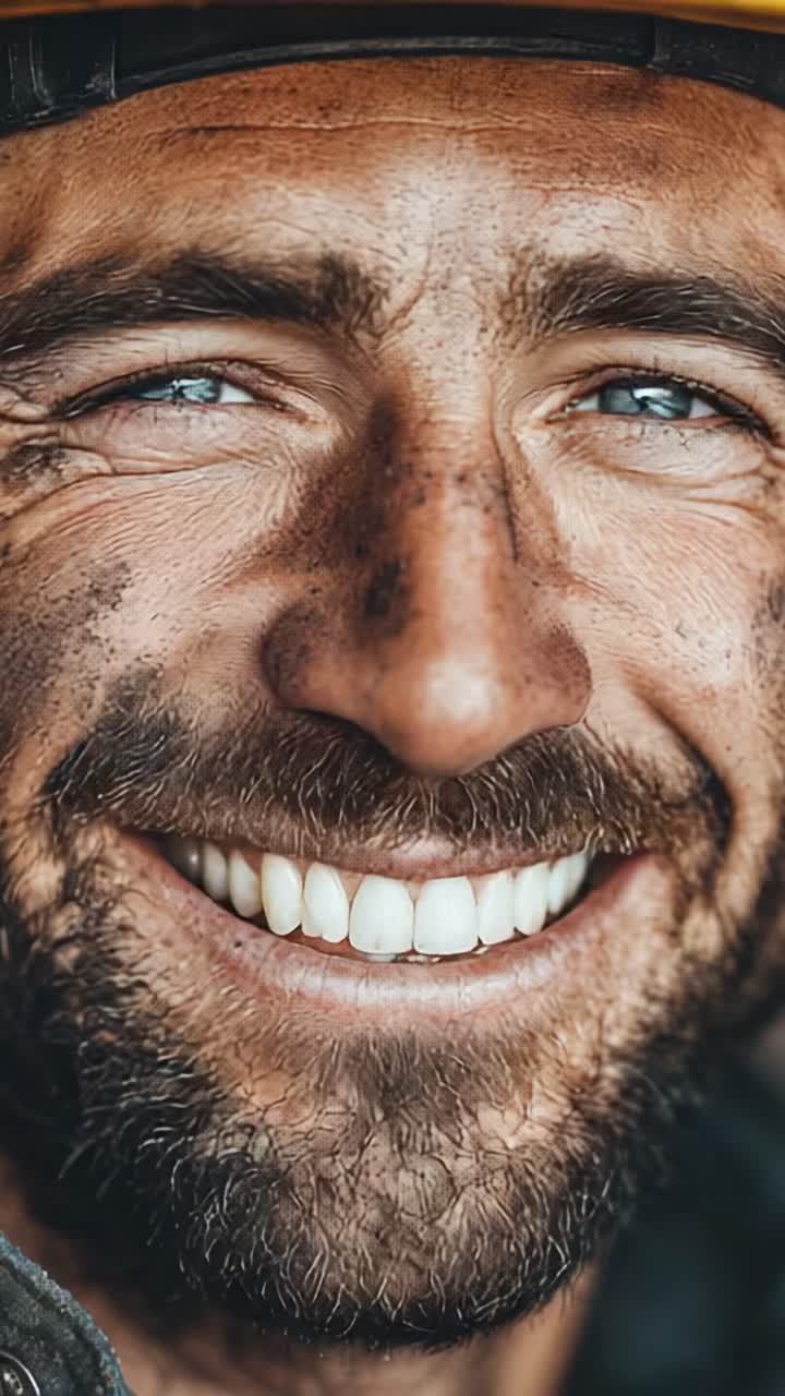 A Joyful Smile: A Close-Up Portrait of a Happy Man with a Beard, Expressing Happiness and Resilience Through His Bright Smile and Rocky Appearance