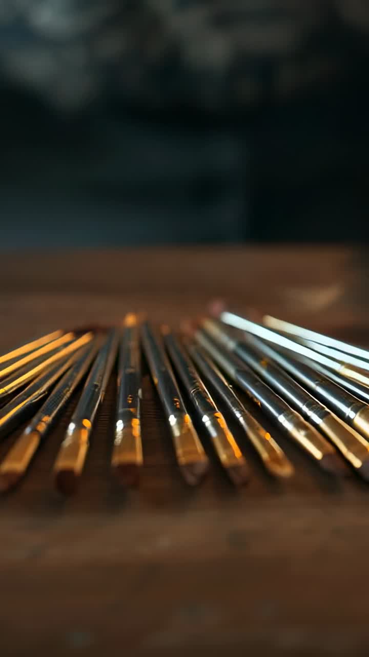 Video verticale: Mani che picchiettano e allineano i pennelli in un laboratorio di pittura, con lo sfondo scuro sfocato.