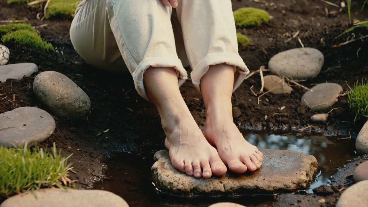 Sitting down, person shifting bare feet on stone at pond edge, with rolled cuffs for balance