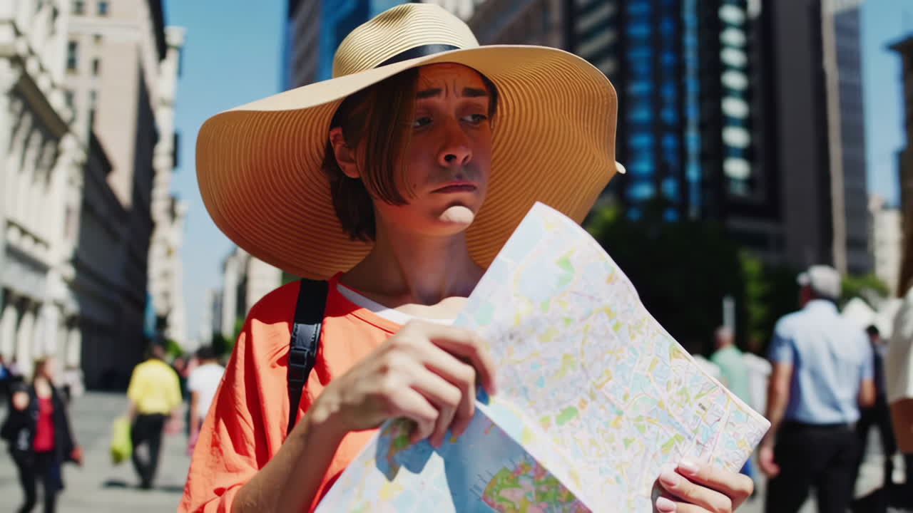 Woman Lost in City, Looking at a Map