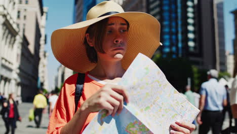 woman lost in city, looking at a map