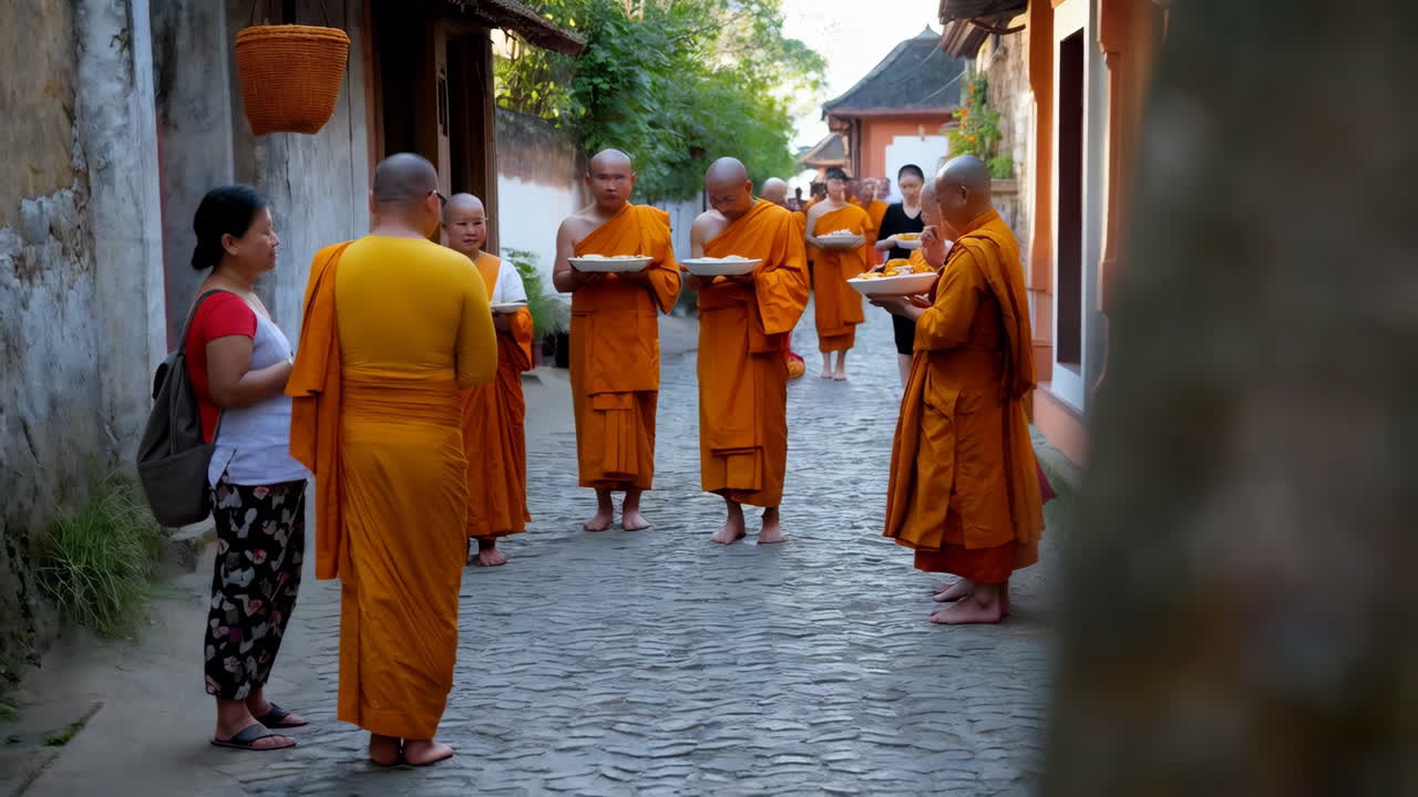 Buddhist Monks Participating in Alms Giving Ceremony in Southeast Asia