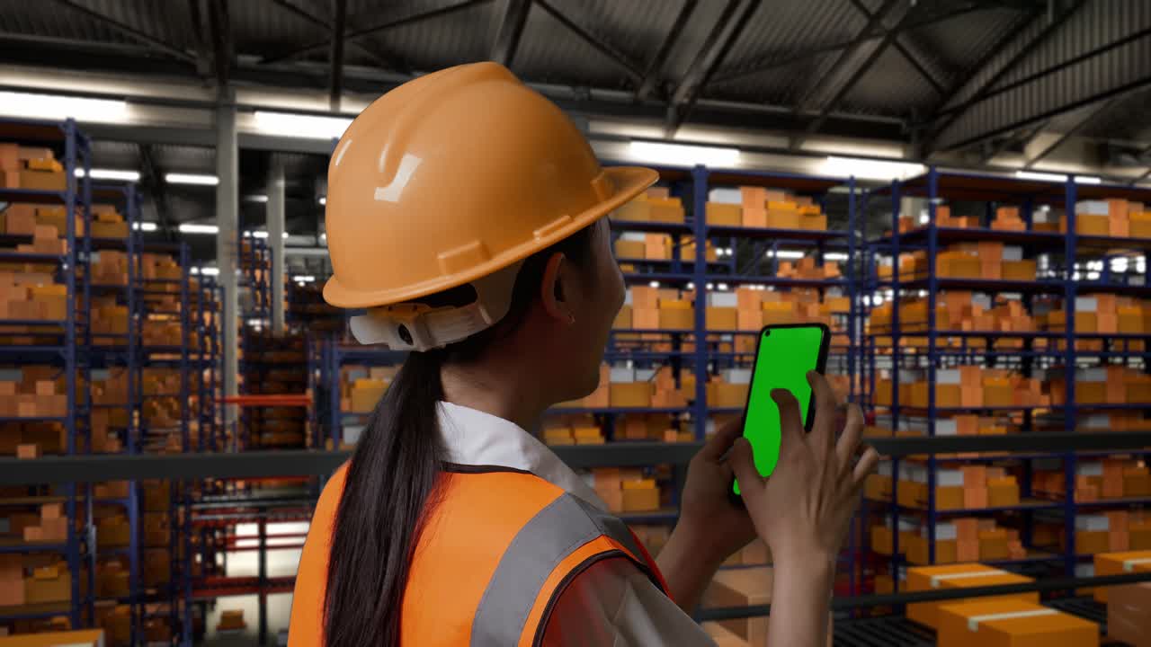 trabajador de almacén que utiliza un teléfono inteligente para la gestión del inventario