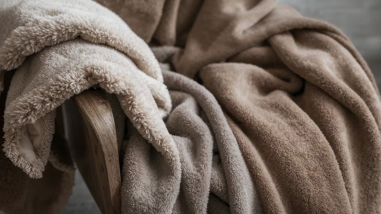 Camera tightening frame, focusing on chair arm with sherpa, tan fleece, showing texture at home