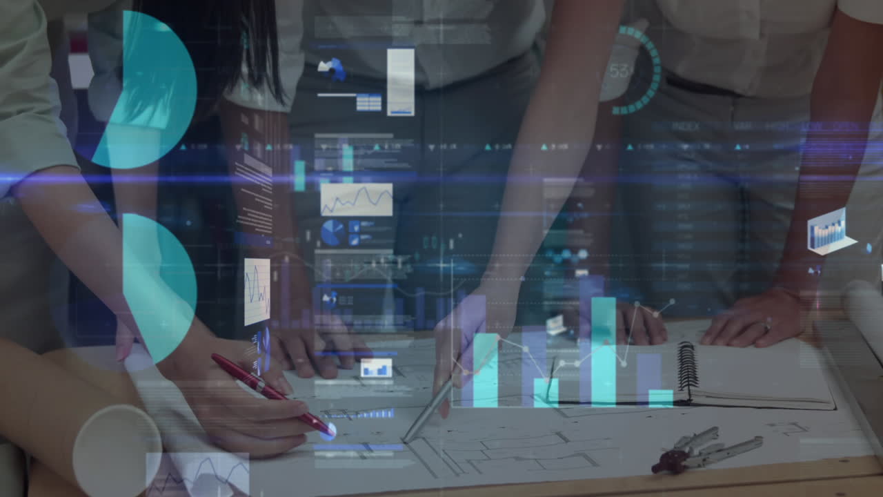 animación de estadísticas y procesamiento de datos financieros sobre empresarios en reuniones