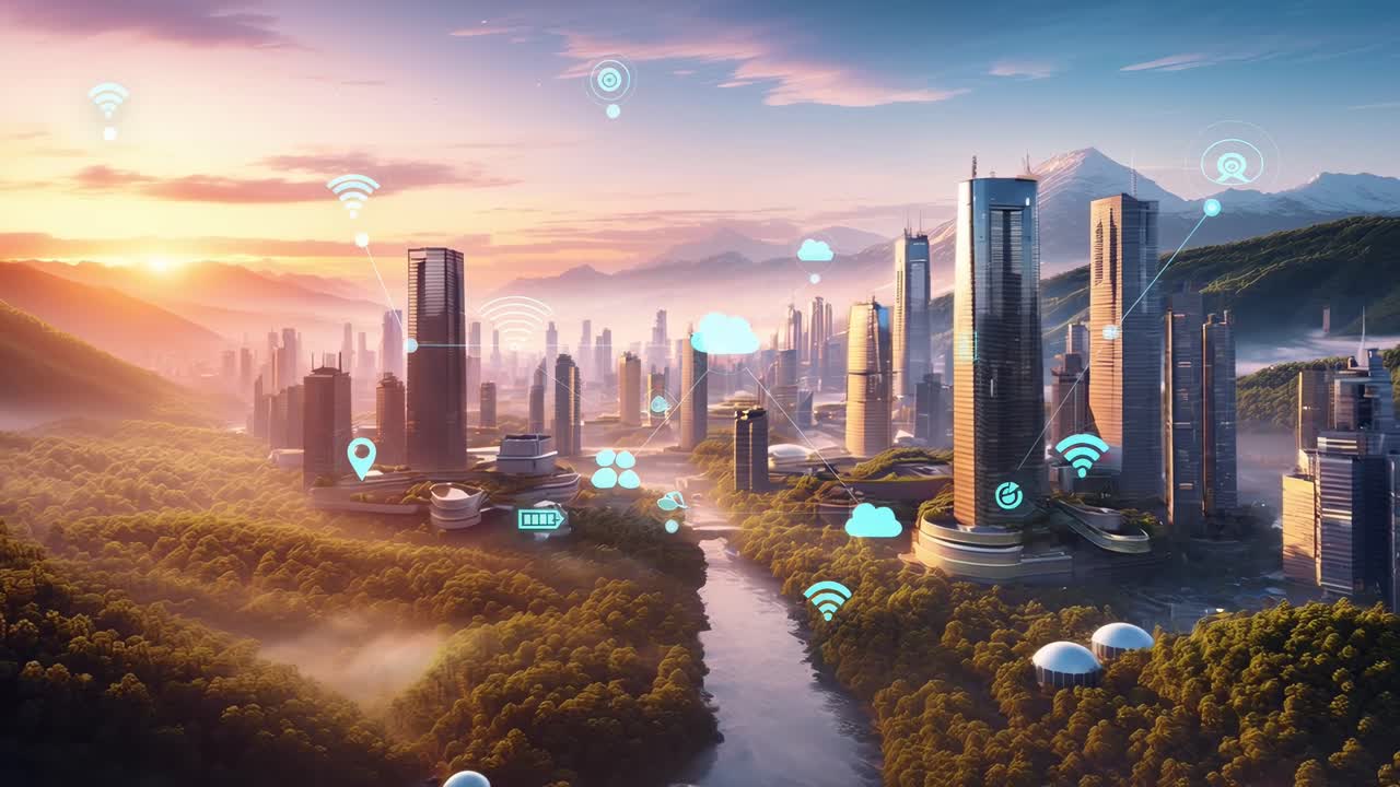 Veduta aerea di una città futuristica con icone digitali, perfetta per un video a tema tecnologico