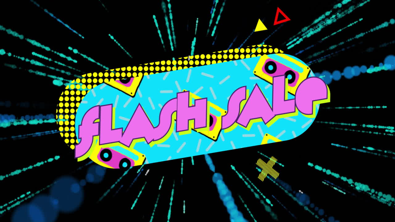 Flash Sale animation with colorful geometric shapes on dynamic background