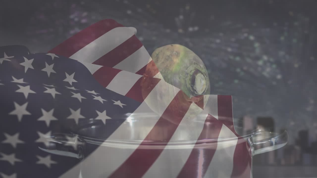 Animazione della bandiera degli USA sopra una pentola con cibo.