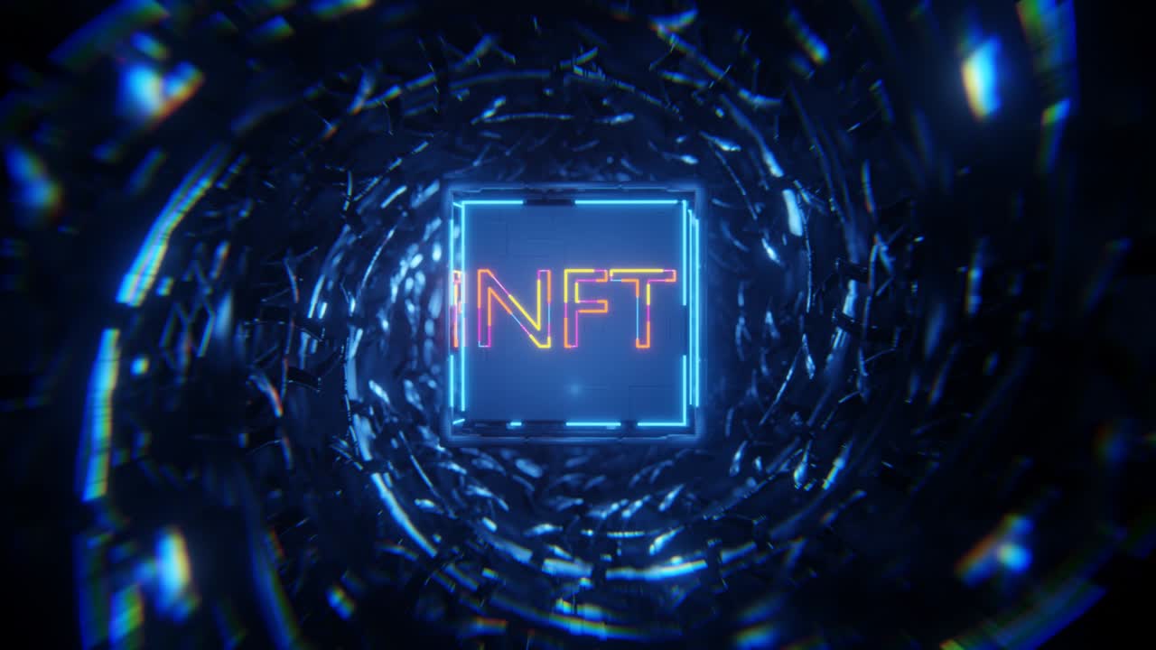 The rotation of the cube with Neon NFT inscription in the technological tunnel. Seamless animation.