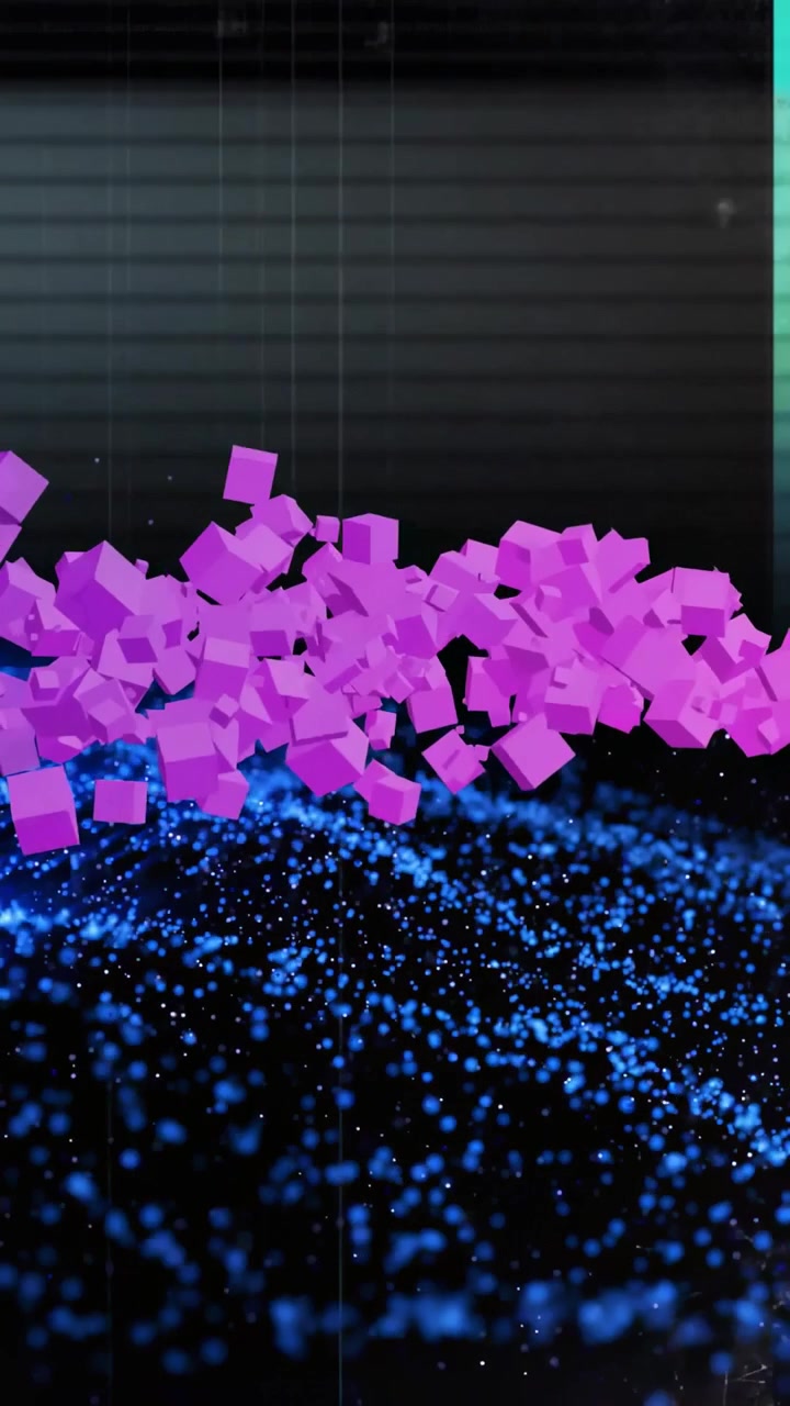 Vertical video: Blue sparks sea rippling in dark tech demo pink ribbon arising showing cubes fading