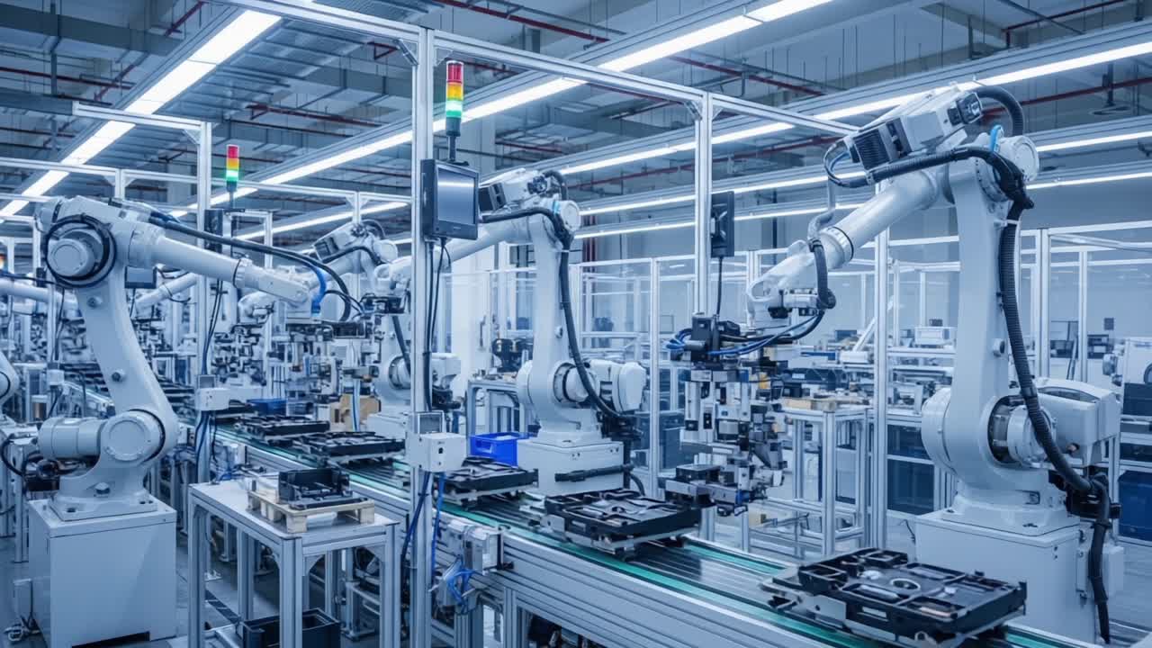 Advanced Automation in Robotics: A High-Tech Manufacturing Facility Showcasing Precision Engineering and Efficient Production Processes with Robotic Arms and Machinery