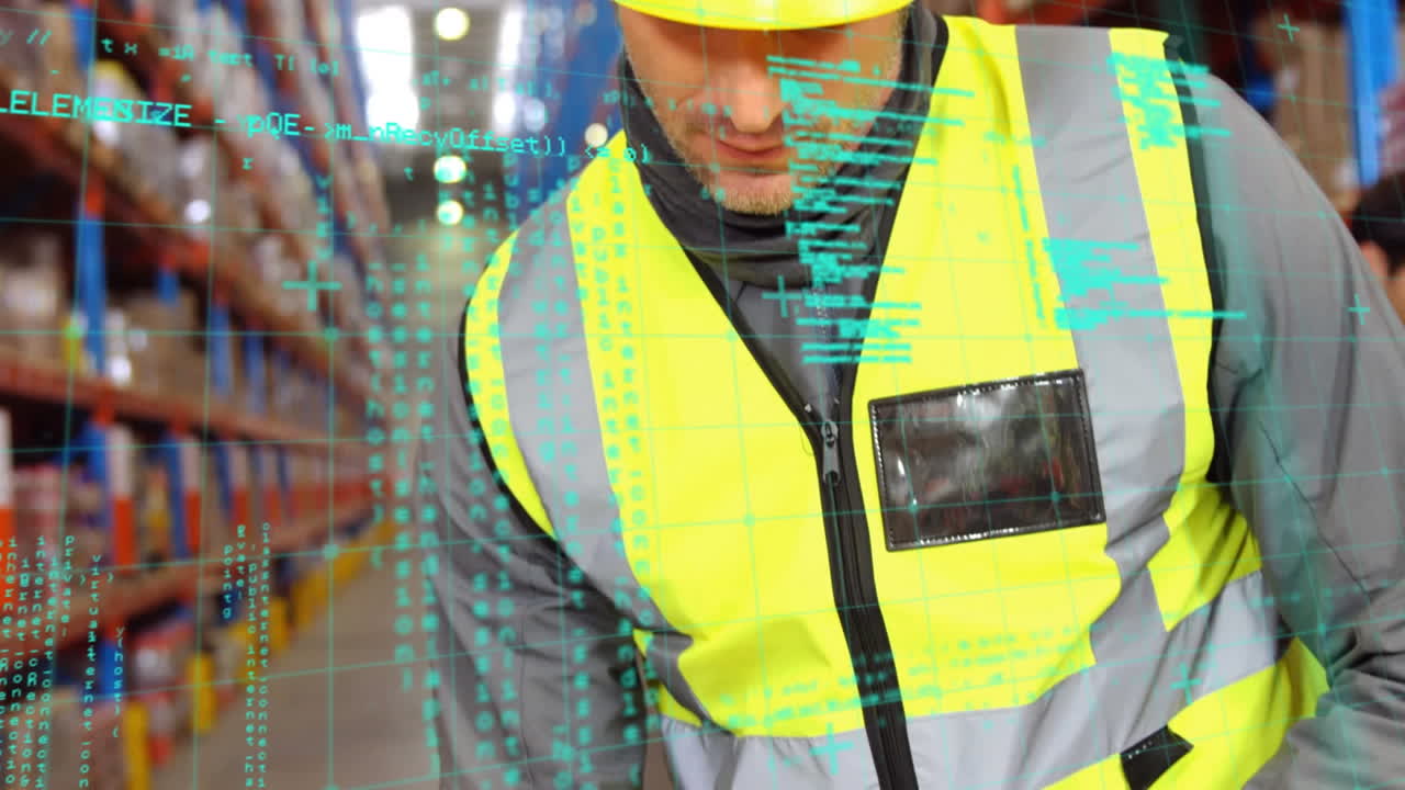 animación del procesamiento de datos sobre el hombre que trabaja en el almacén