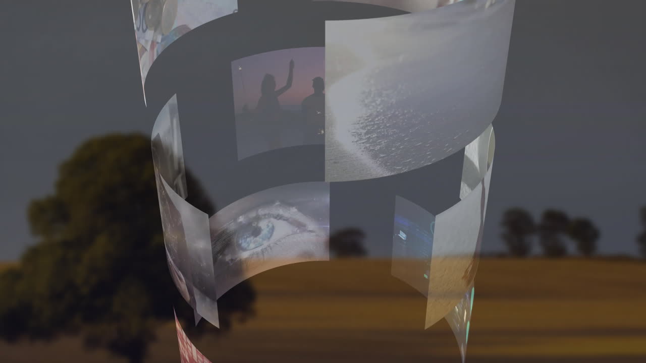 Curved display showcasing animation over blurred outdoor landscape in school setting