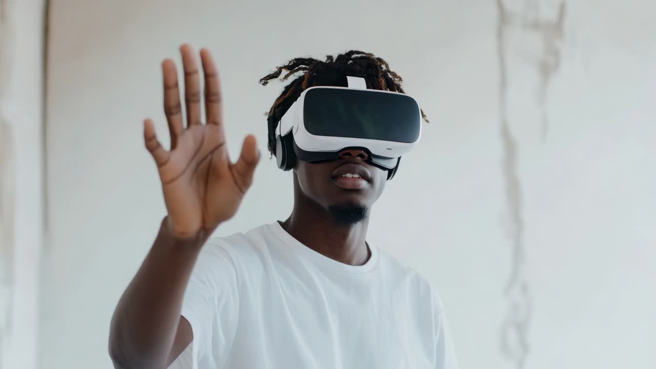 A man wearing VR goggles reaches out, captured from a front angle