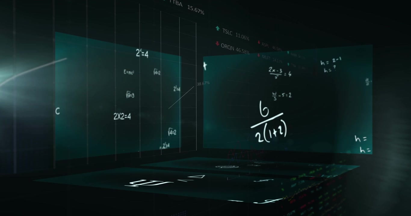 Animation of mathematical equations in squares over graph, trading board and increasing numbers