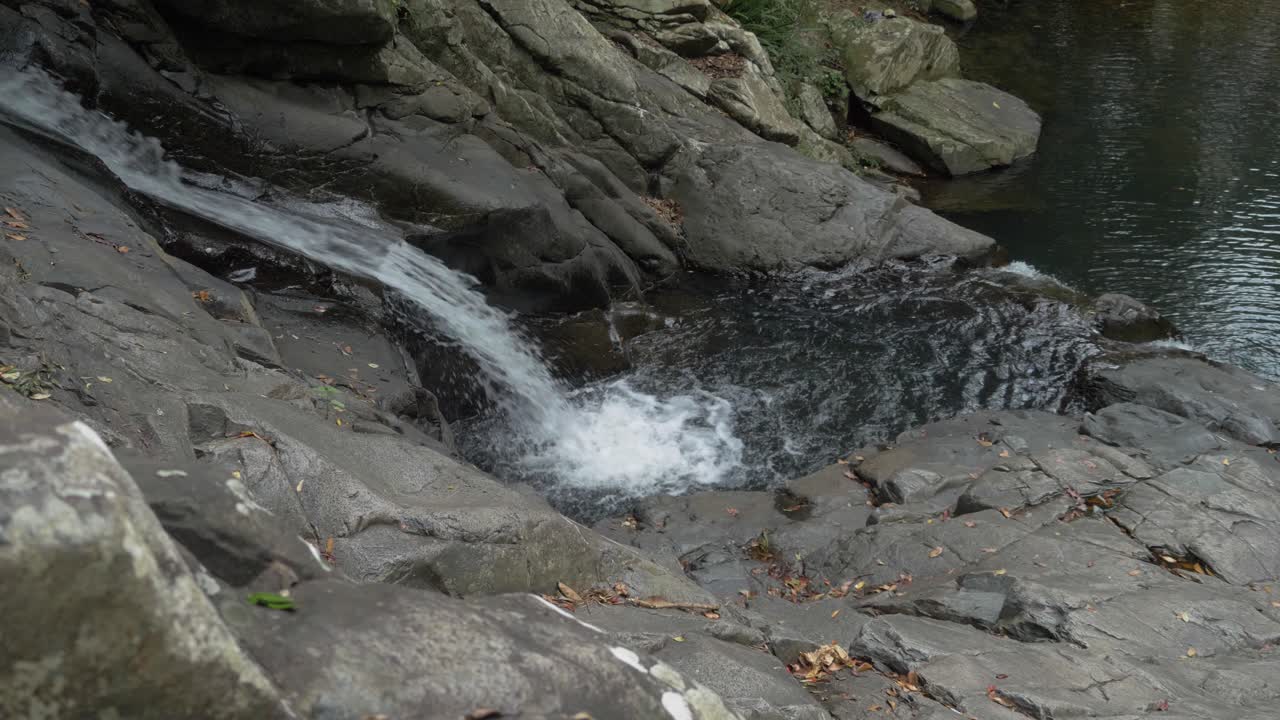 폭포에서 수영 구멍과 바위 웅덩이로 흐르는 물 - 커룸빈 계곡의 쿠갈 캐스케이드 - qld, 호주