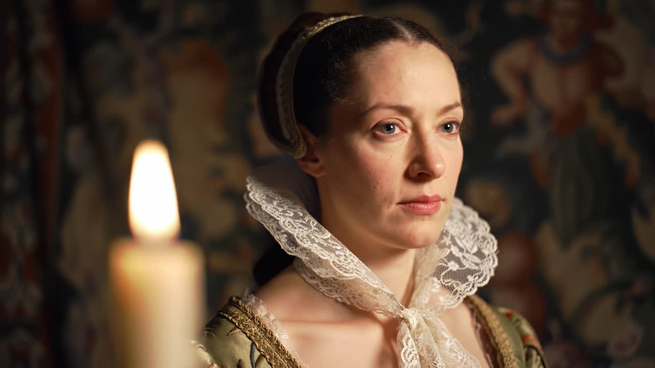 A woman dressed in a detailed historical costume gazes thoughtfully while illuminated by soft candlelight. Rich textures and colors fill the background, creating an evocative atmosphere.