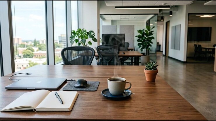 Interno di ufficio direzionale spazioso e contemporaneo con piante e pareti in vetro