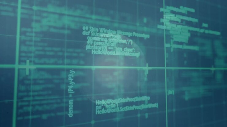Animation of data processing over chemical formulas and molecules in blue space