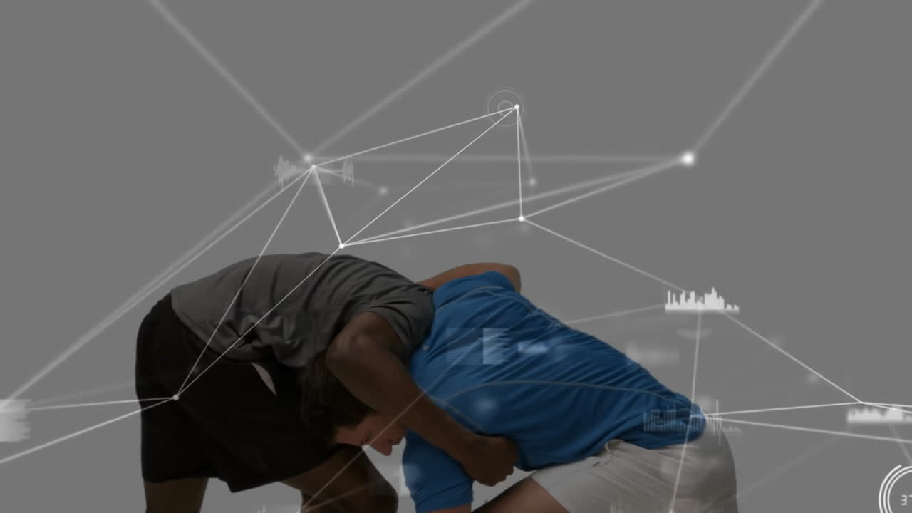 atletas de lucha libre con conexiones de red de datos animación sobre fondo gris