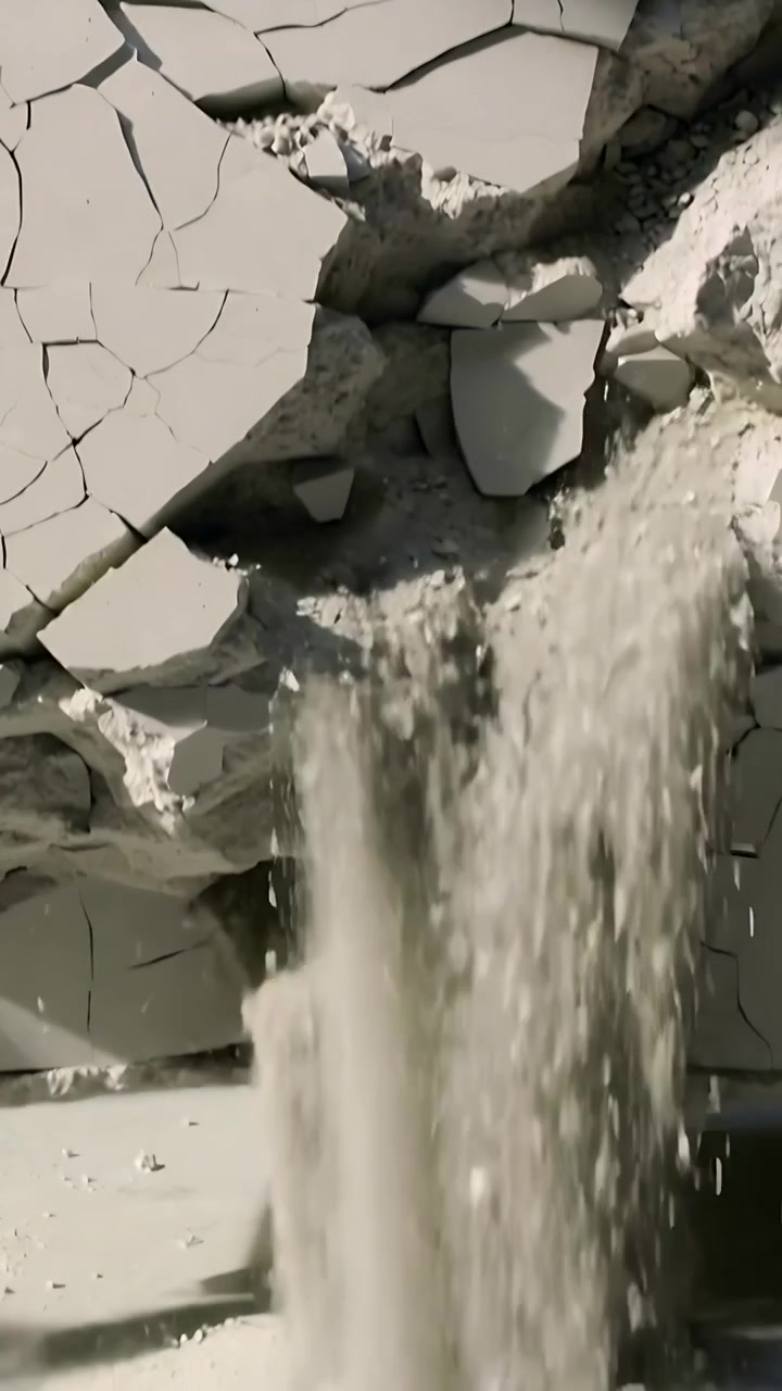 Vertical video: Pouring wall emitting two dust streams after fissure widening in lab, rubble piling