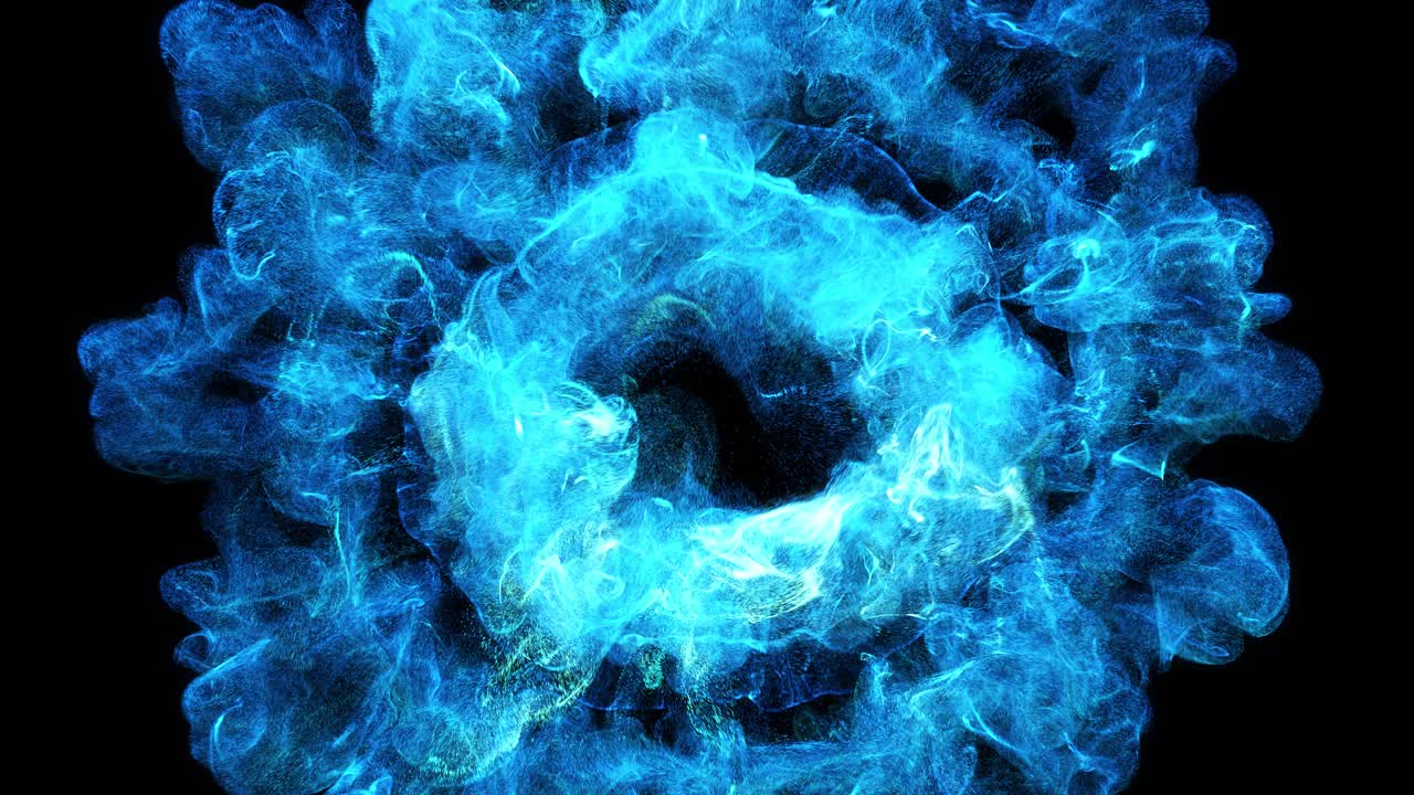 Esplosione di particelle blu vibranti su sfondo nero.