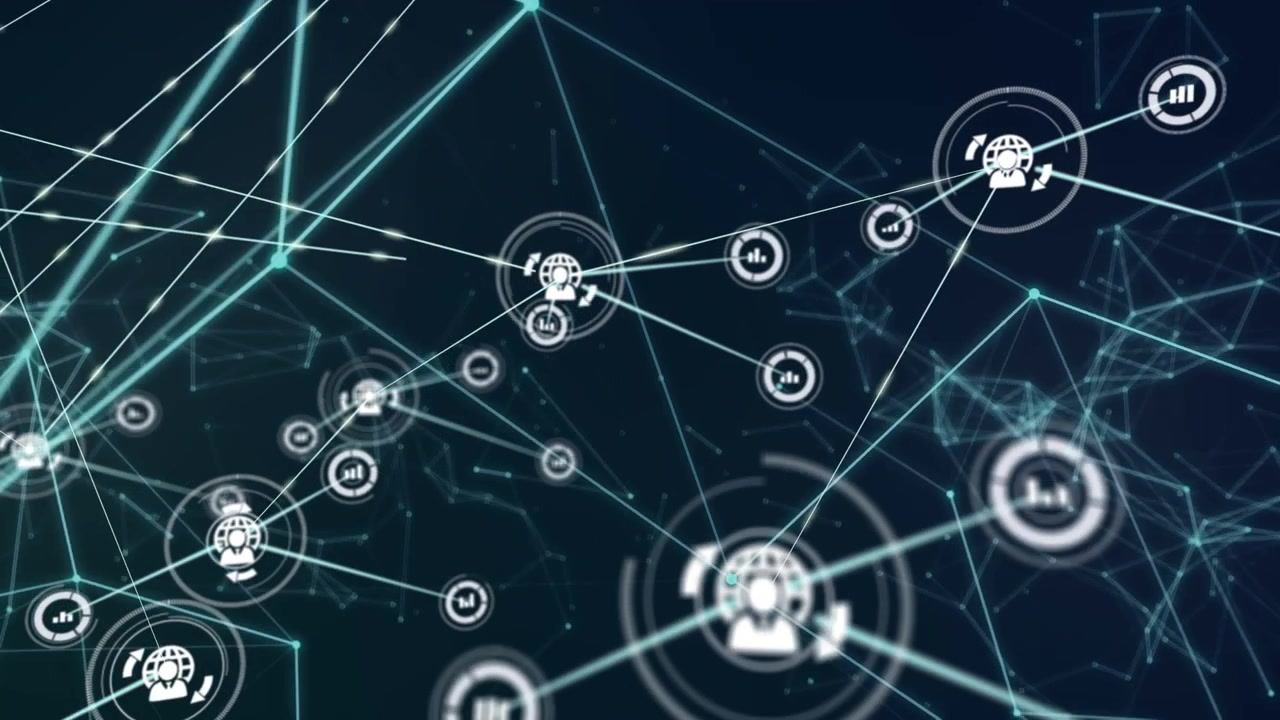 Animation of network of connections with icons over dark blue background