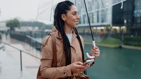 Phone,-walking-and-woman-in-rain-in-a-city-typing