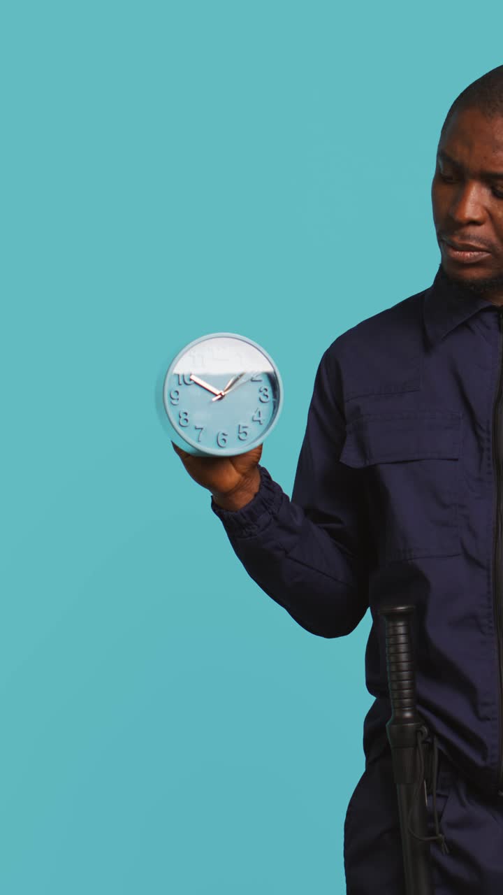 Security Guard Holding Clock with Liquid Indicating Time Passing
