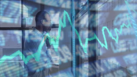 analyzing financial data, businessman using animation of fluctuating graph in office