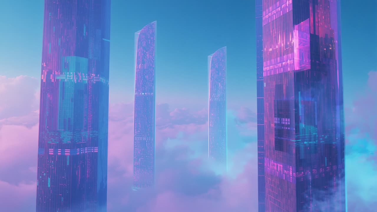 Gliding camera revealing three towers pulsing grid lights above pink clouds, indicating power