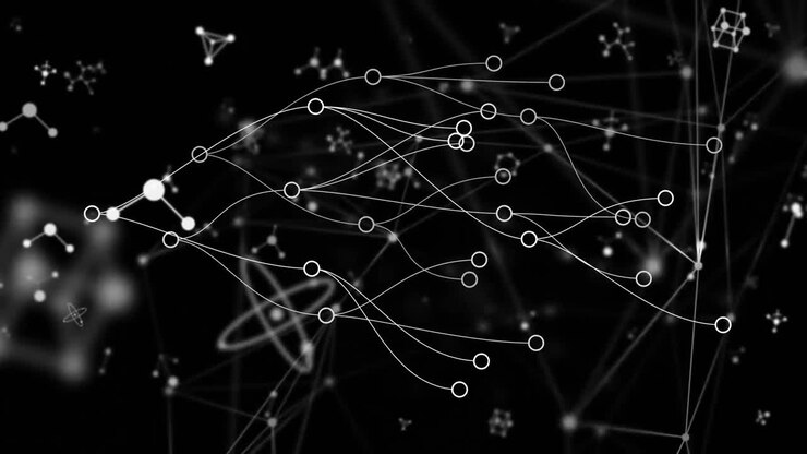 Animation of molecules connecting dots on black digital interface