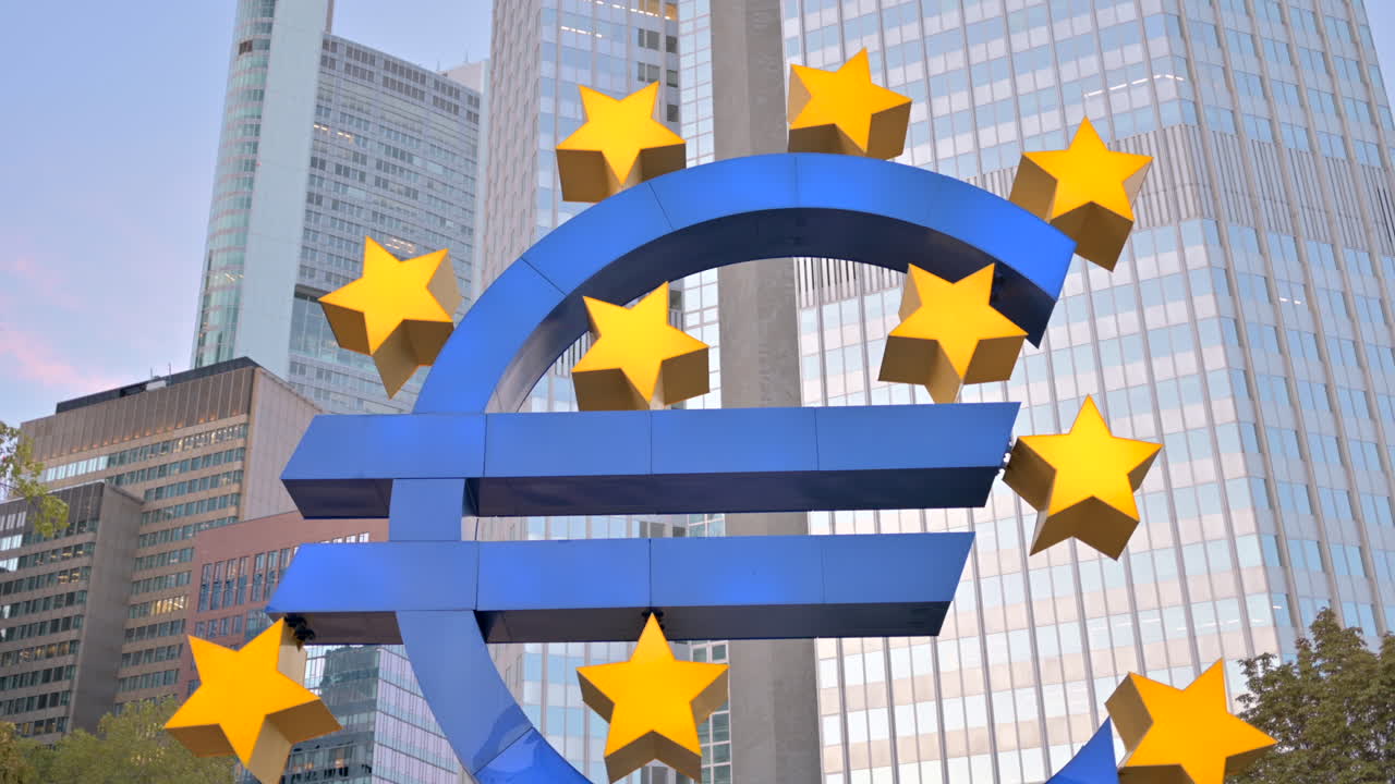 Frankfurt, Germany - 14 September, 2022: Blue euro sign in front of the European Central Bank