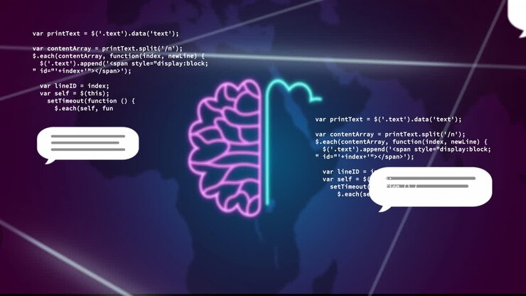 Animation of ai data processing and icons over world map