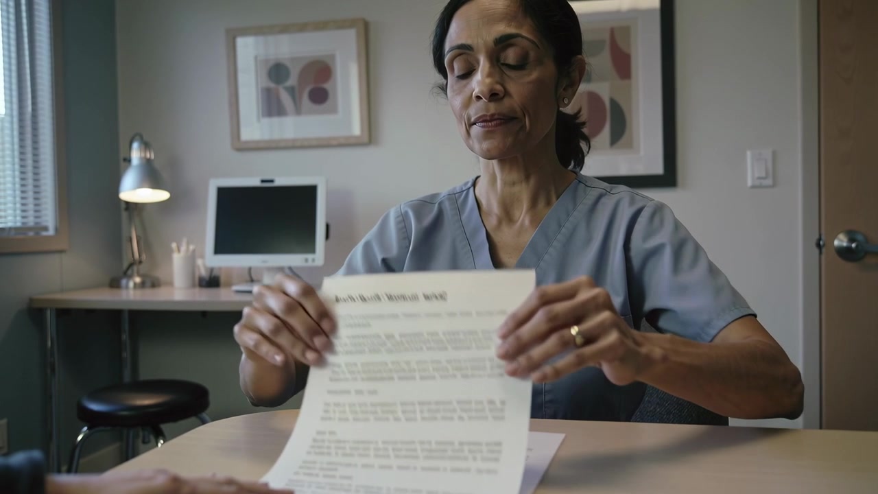 Smoothing nurse in scrubs aligning and passing paperwork at clinic as patient reaching for review