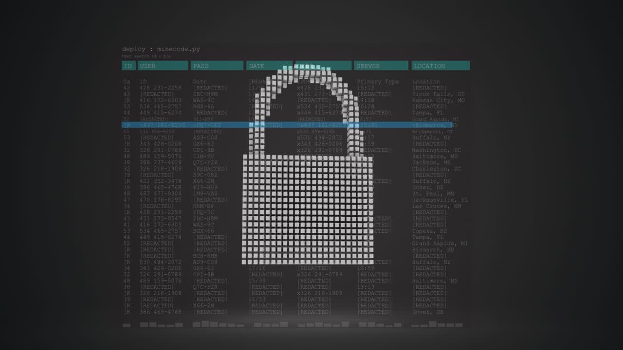 Animation of security padlock over data processing on dark background