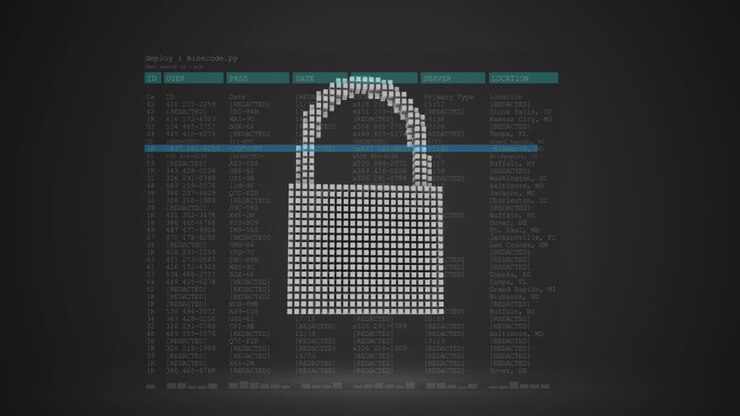 Animation of security padlock over data processing on dark background