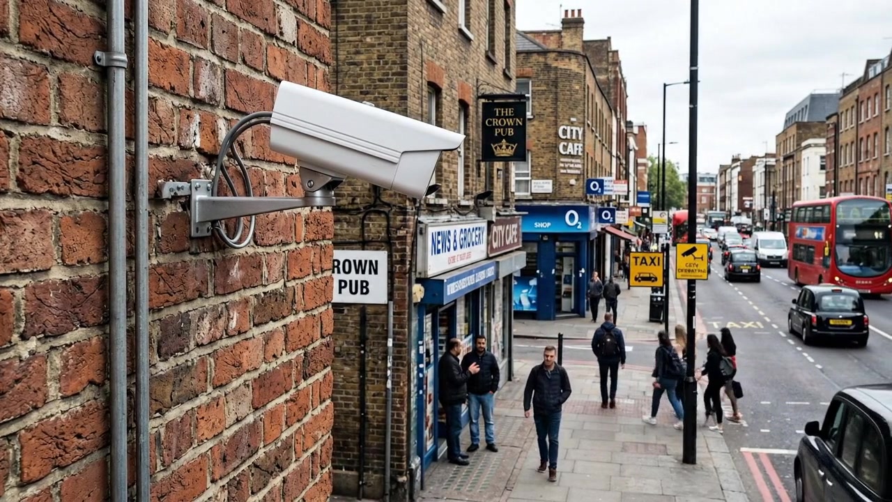 Overvåkningskamera montert på murvegg med utsikt over en travel gate i London