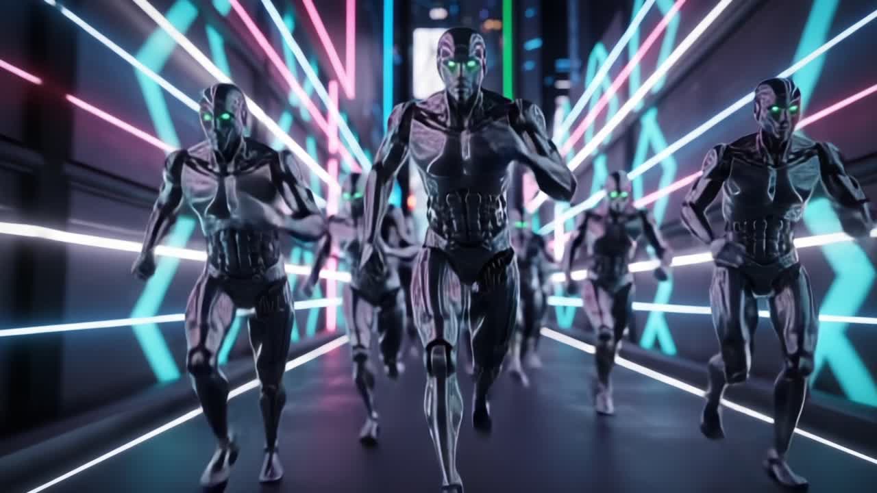 Futuristic Robots Sprinting in a High-Tech Corridor with Neon Lights, Showcasing Advanced Robotics in a Dynamic and Energetic Environment