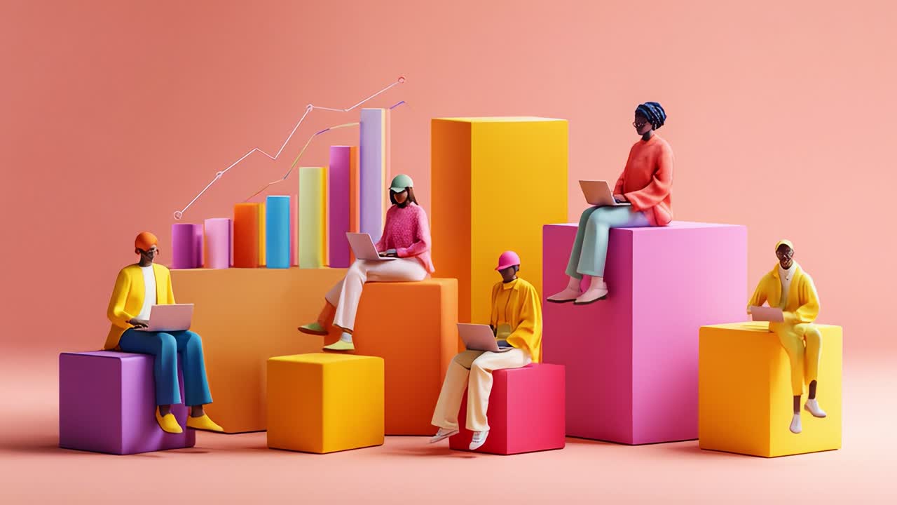 A Colorful Collaboration: Diverse Individuals Analyzing Growth Data on Laptops Surrounded by Vibrant Geometric Shapes and Bar Graphs Representing Progress and Trends