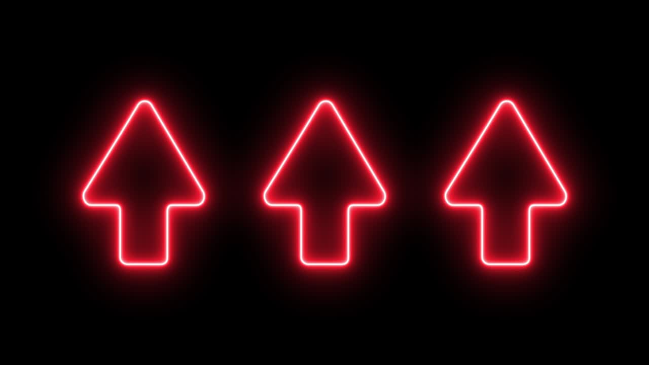 Glowing colorful neon light arrows on black background.