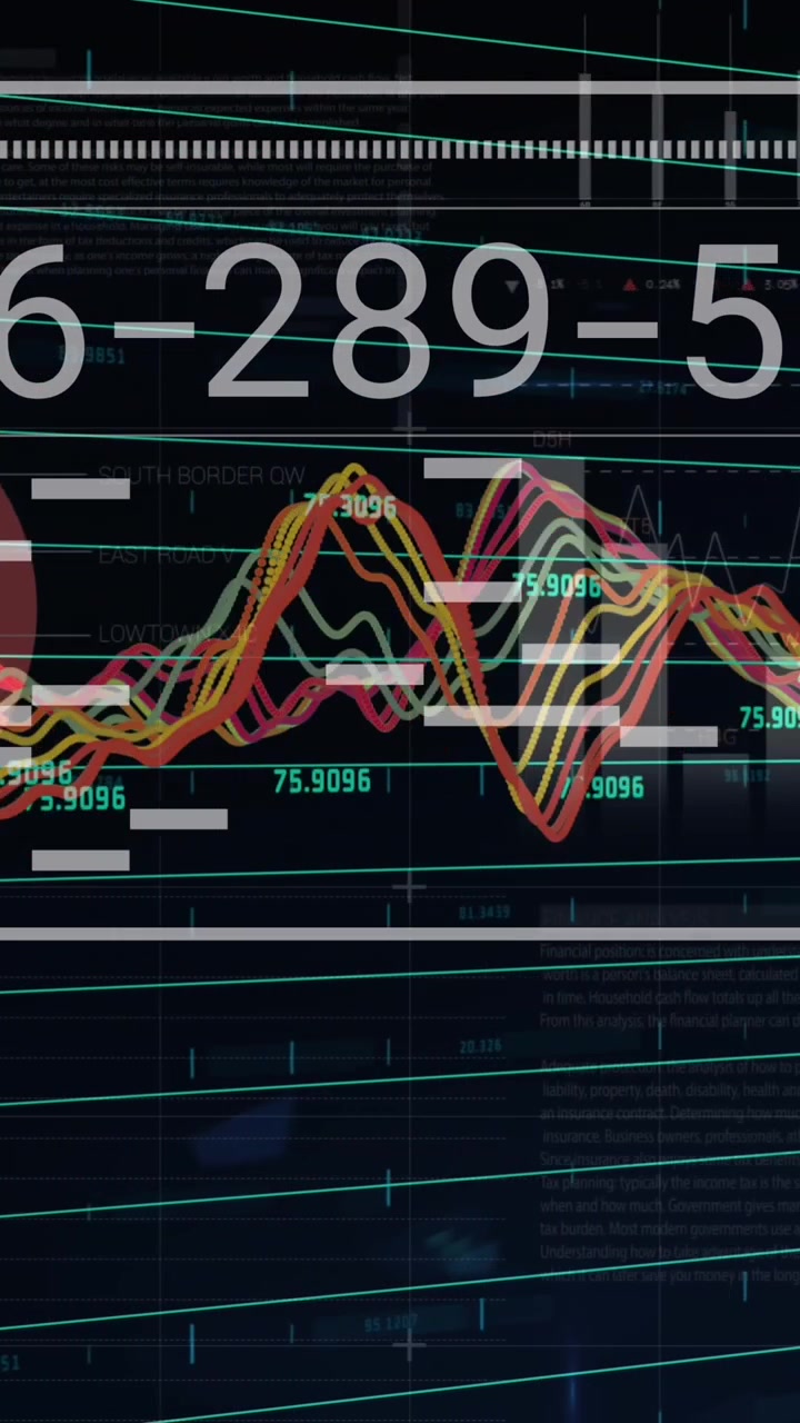 Animation of multiple graphs, changing numbers and infographic interface over black background